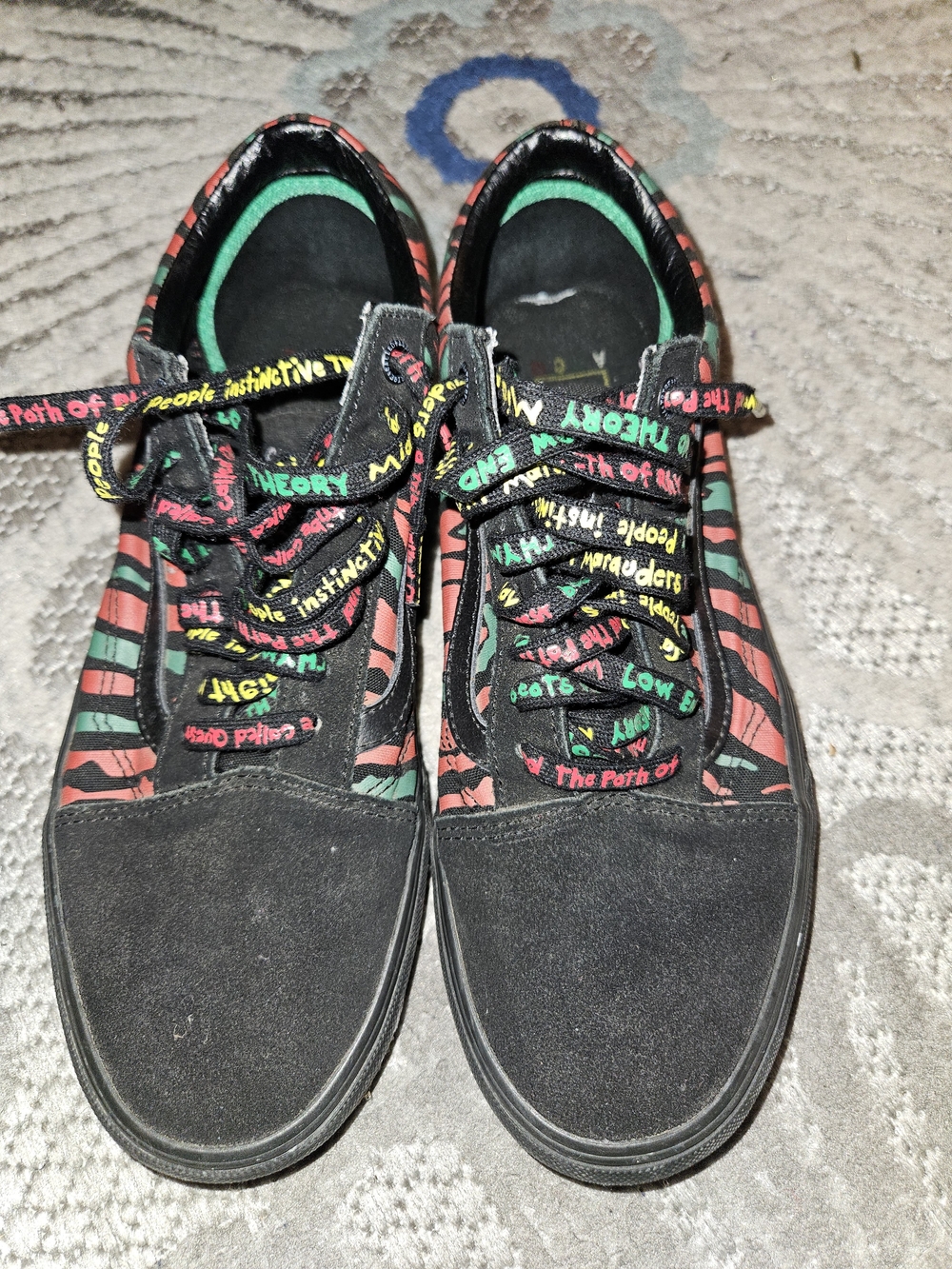 Vans Black Skate Sneakers with Green and Coral Accent Stripes